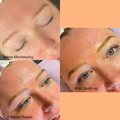 Natural Microblading, Before, healed, and after touch up.