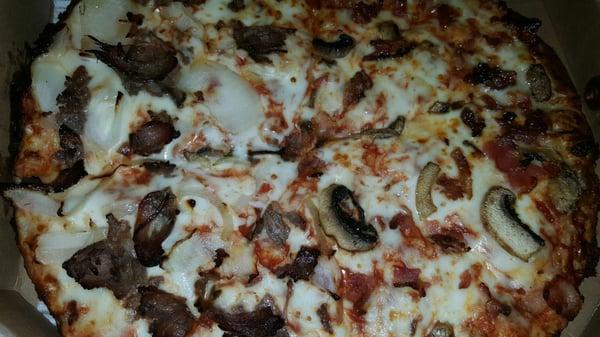 Mushrooms and bacon, philly steak and onion