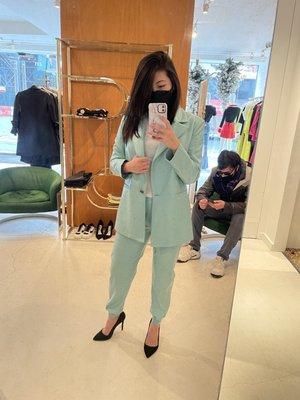 Beautiful spring collection vegan leather suit in aquamarine