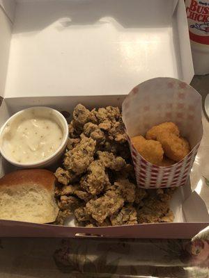 Fried Chicken Gizzards (aka Crack Balls), Corn Nuggets, Gravy, Roll