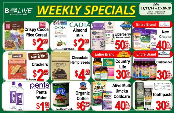 Weekly Specials 11/21/18 - 11/28/18. Have a great week everyone :)