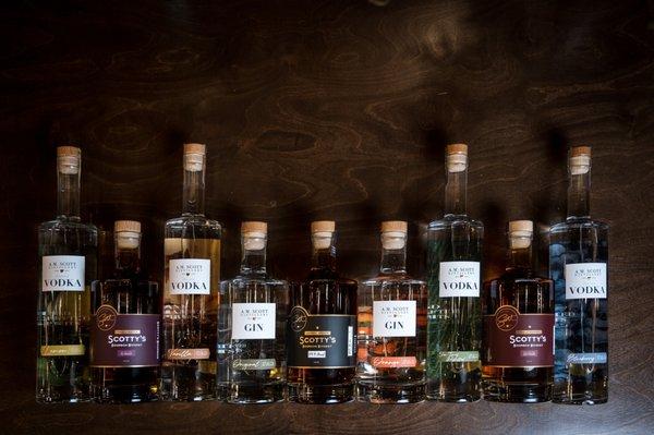 Our collection of handcrafted spirits - vodka, gin, bourbon.