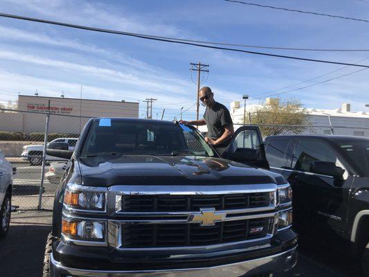 New auto glass on Chevrolet Silverado at Quebedeaux Buick GMC in Tucson Arizona