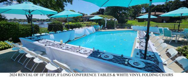 Conference tables (18" deep, 8' long) with white, vinyl folding chairs