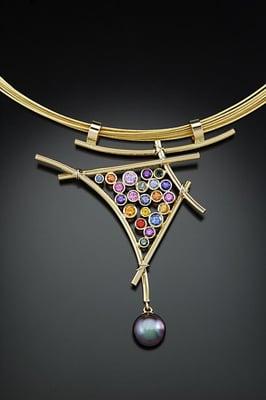 Multi-color Sapphire pendant with a Black Tahitian Pearl