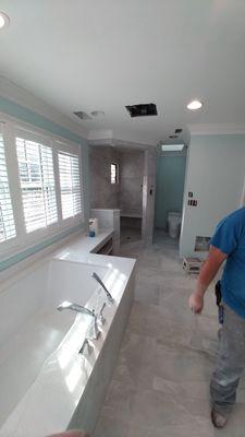 Whole bathroom remodel with beautiful shower and floating granite bench!