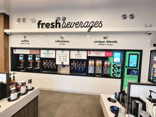 Self-serve coffee, teas, juices, shakes, smoothies, and sodas