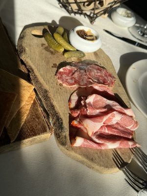 Charcuterie. Cheeseboard is not in the photo, we dug in too fast. Lol