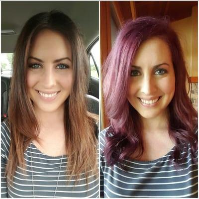 An old balayage before changed to a vibrant purple for a pop of color in the summer. Both looks were done at Fringe Salon. They're experts!