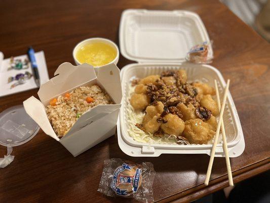 Egg drop soup, Honey Walnut Shrimp, and fried rice   IG: @ohmyono