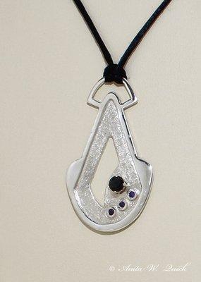 Sterling Art Deco geometric diamond bit etched design with blue sapphires
 Dimensions: Sterling elegance chain, 18" long. Pendant is 2" x 1.