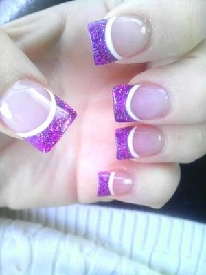 Purple glitter with white line.