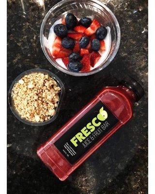 Yogurt Parfait and Detox II cold pressed juice