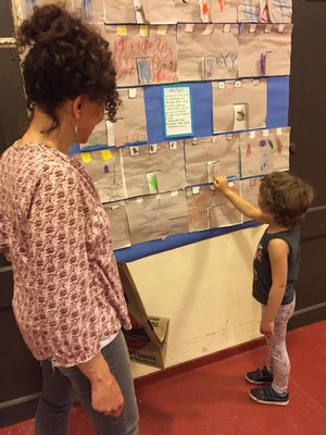 Student proudly sharing work with her mom.