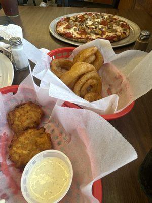 Cauliflower pizza, Onion rings and Christina's Potato Puffs.