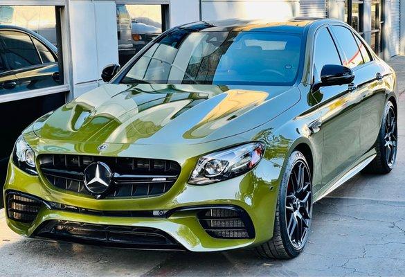 2019 Mercedes Benz E63 S AMG w/Inozetech Army Green wrap with ceramic and PPF.