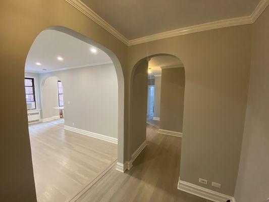 New hardwood floor, skim coat, baseboard, painting