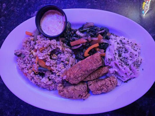 Fried Rice Sautéed Spinach Fried Fish Mashed Potatoes.