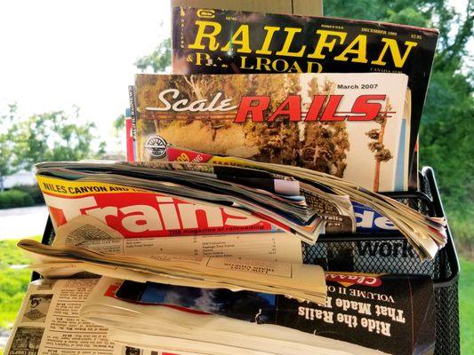 Selection of train magazines at TYRON ELLIOTT TRAINWATCHING DECK in Manchester, Georgia.