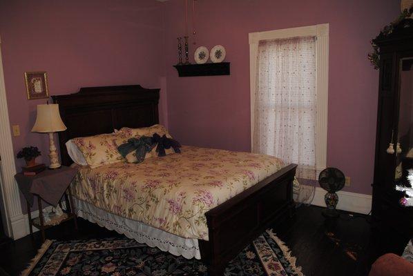 The Lavender Room is one of our most requested rooms. It has a beautiful claw foot tub in the adjoining bath.