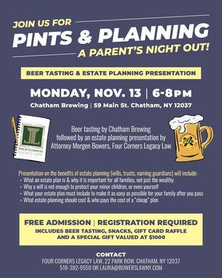 Pints and Planning - A Parent's Night Out Monday, November 13, 2023, 6-8pm