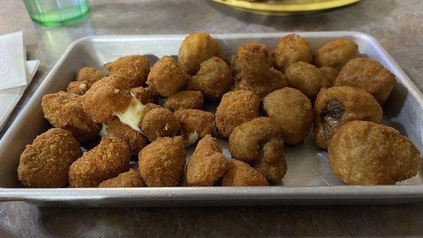 Nashville hot cheeseballs and fried mushrooms.