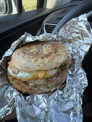 Sausage, Egg & Cheese on Everything Bagel