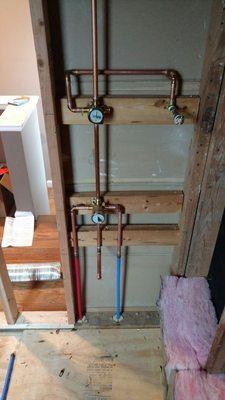 Bathroom remodel with new shower valve and extra diverter for hand shower