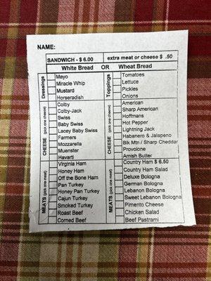 Sandwich order sheet