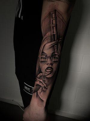 City theme and women tattoo. Portrait