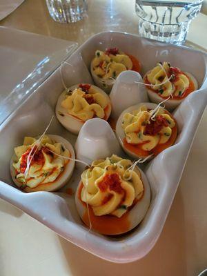 Chili oil deviled eggs