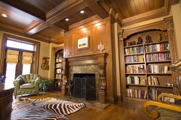 Fireplace mantle and bookshelves