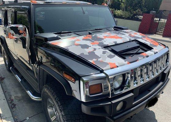 Hummer H2 orange camo hood wrap