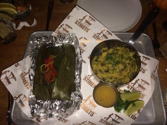 Fish in Banana Leaf w/ mashed spinach sweet plantains