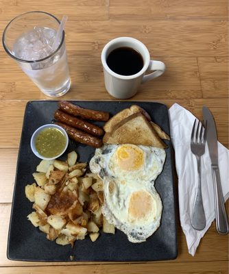 "Hearty Breakfast." Delicious and hot. Served with hot coffee and a gorgeous view of the lake!