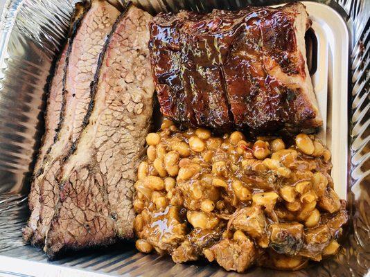 Brisket, Baby Back Ribs, and Baked Borracho Beans