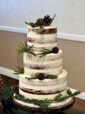 3 tier semi-naked Red Velvet winter wedding cake