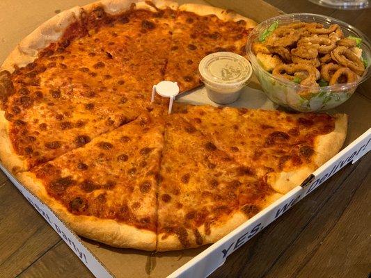 Large pie and Caesar salad w Fried Calamari