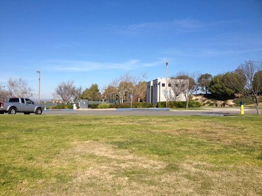 Bathroom and tennis courts in the background