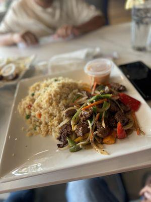 Shaken beef with fried rice