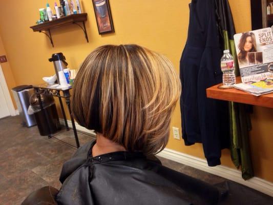 A line cut with balayage highlights