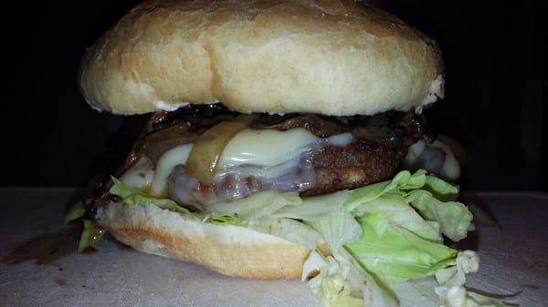 Our amazing portobello and grilled maui onion burger with a creamy white cheddar and sweet ground mustard. ... amazing!