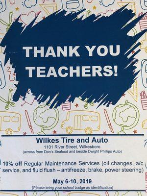 Thank you Teachers! 10% of select services May 6-10, 2019.