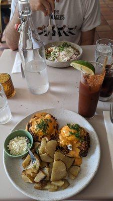 Eggs Benedict with barbacoa, Bloody Maria, chilaquiles