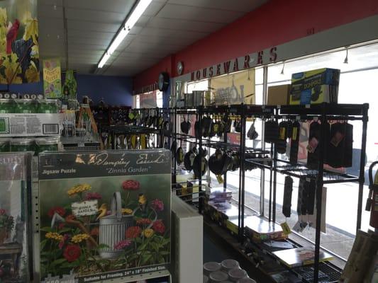 Cast iron cookware along the front window