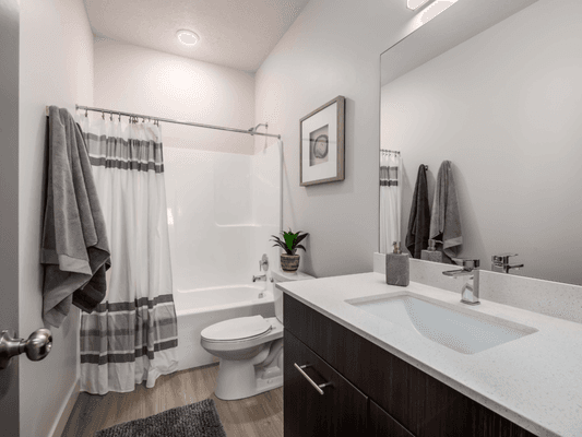 Bathroom with quartz countertop and shower-tub