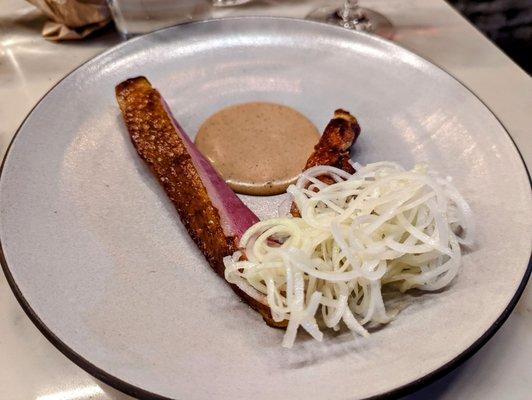 October 13, 2022; Plum-glazed duck with kohlrabi and bread sauce.