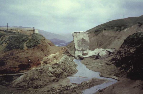 Remains of St. Francis Dam after the dam break of March 12, 1928. Over 400 people were killed in the second greatest disaster in California.