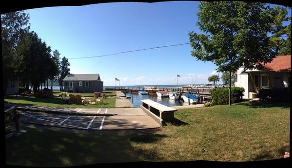 Our harbor from the large common grounds lined with picnic tables and a fire pit.