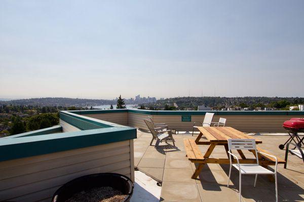 City skyline view from Mirabella rooftop deck.